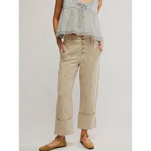 NWT FREE PEOPLE Natural Combo Parkway Linen Cuffed Trousers SZ: 12